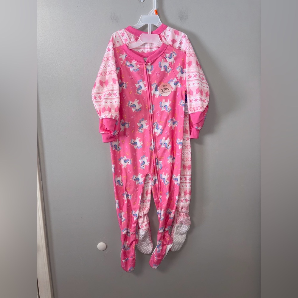 Princess Rose Pink Unicorn Bows Footie Zip Sleepers 2 PK NWT Girls 3T Fleece‎